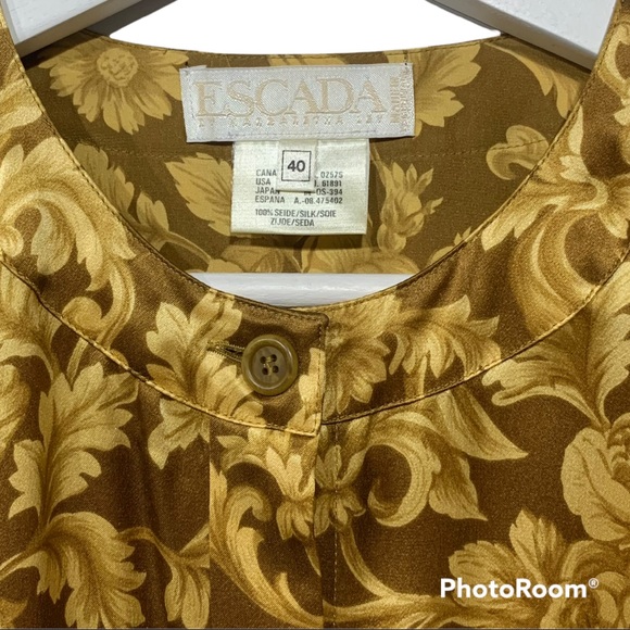 Escada Silk Gold Equestrian Floral Print Blouse Sz 40 Sz Medium - Picture 3 of 13